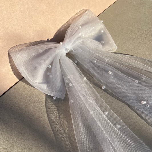 Bridal Hair Bow White Tulle Pearl Handmade-Hair Bows-Luxury Hair Accessories-Wedding Hair Bow-Boncamila