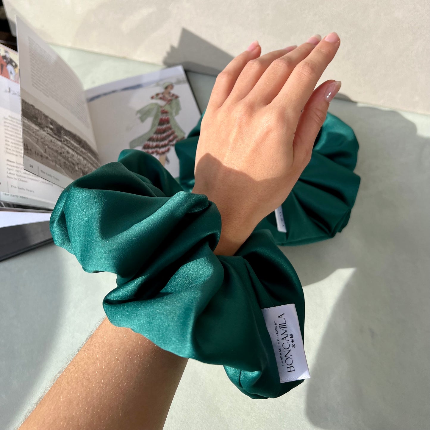 Bridesmaid Oversized Hair Scrunchie Duchess Satin Handmade--Luxury Hair Accessories-Bridal Hair Accessories-Fashion Accessories-Scrunchies-Emerald Green-Boncamila