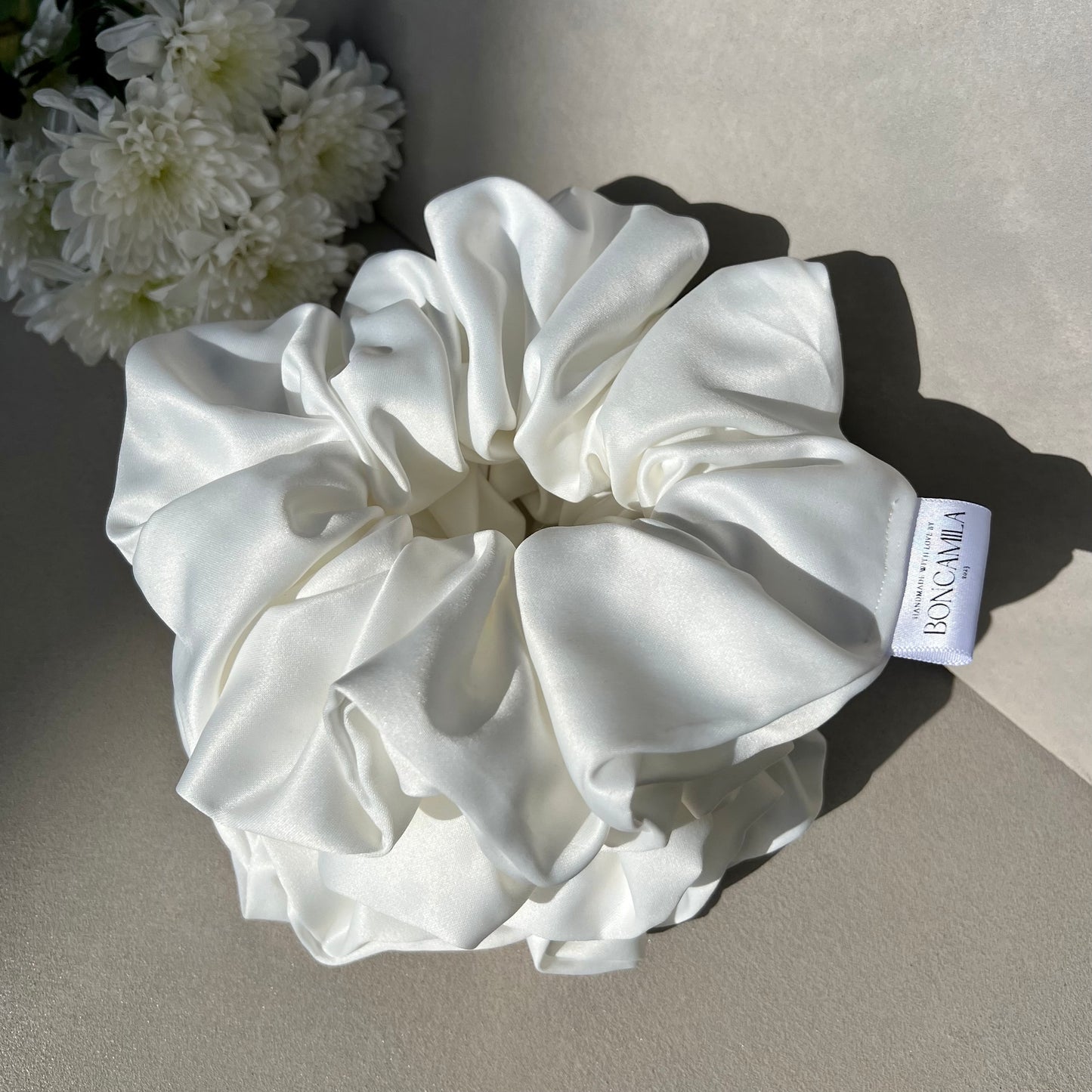 Bridal Oversized Hair Scrunchie White Duchess Satin Handmade-Luxury Hair Accessories-Bridal Hair Accessories-Fashion Accessories-Scrunchies-White-Boncamila