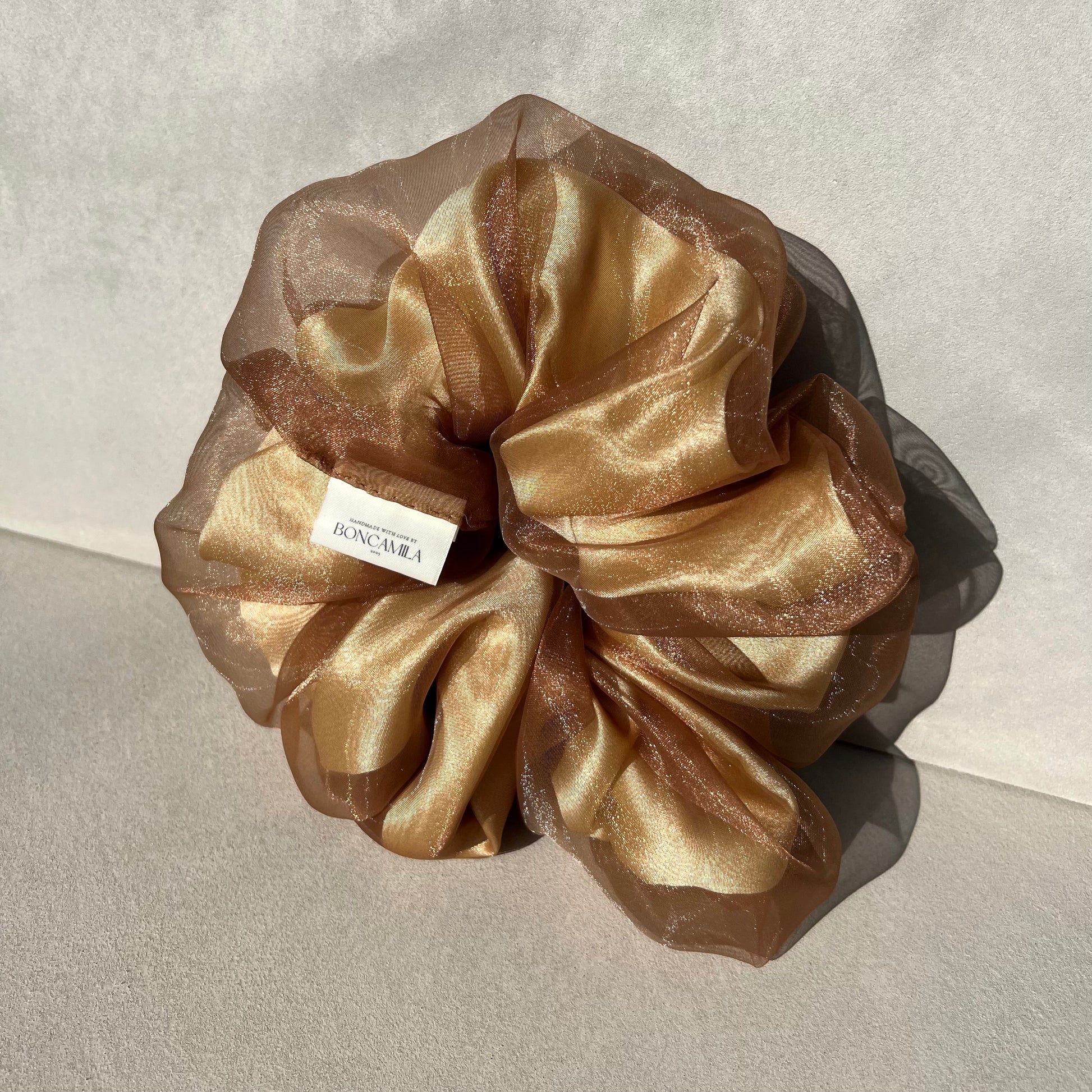 Exclusive Double Layer Oversized Duchess Satin & Organza Hair Scrunchie Handmade-Luxury Fashion Accessories-Hair Accessories-Scrunchies-Boncamila-Brown-Gold-Bronze