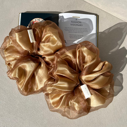 Exclusive Double Layer Oversized Duchess Satin & Organza Hair Scrunchie Handmade-Luxury Fashion Accessories-Hair Accessories-Scrunchies-Boncamila-Brown-Gold-Bronze