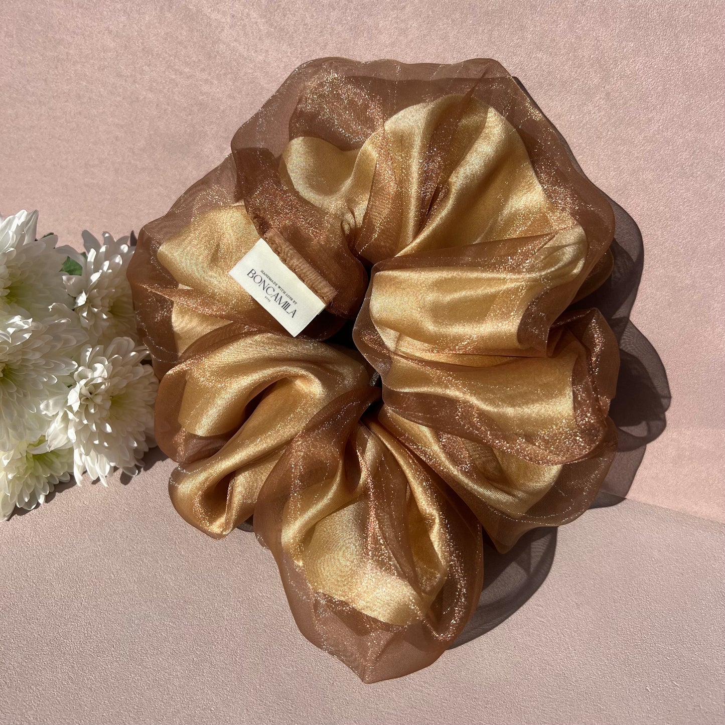 Exclusive Double Layer Oversized Duchess Satin & Organza Hair Scrunchie Handmade-Luxury Fashion Accessories-Hair Accessories-Scrunchies-Boncamila-Brown-Gold-Bronze