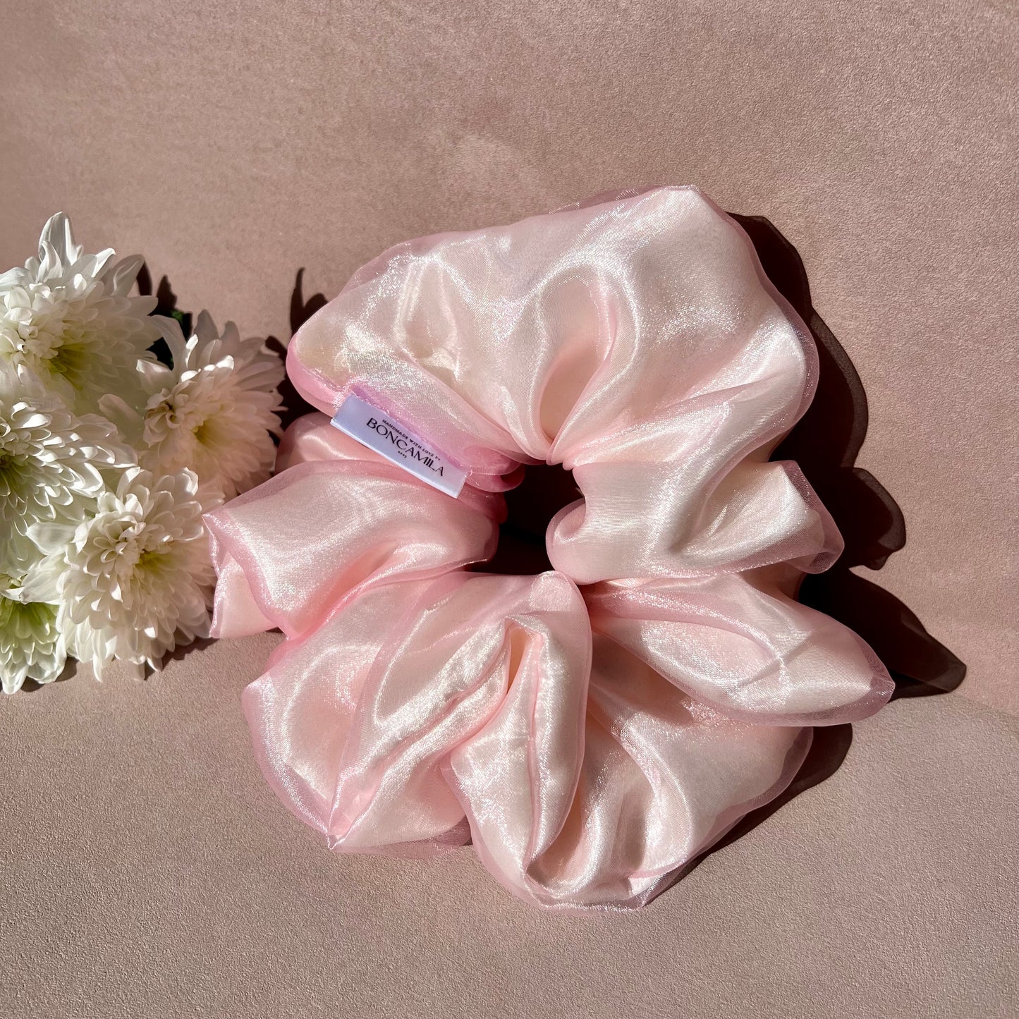 Exclusive Double Layer Oversized Duchess Satin & Organza Hair Scrunchie Handmade-Luxury Fashion Accessories-Hair Accessories-Scrunchies-Boncamila-Pink