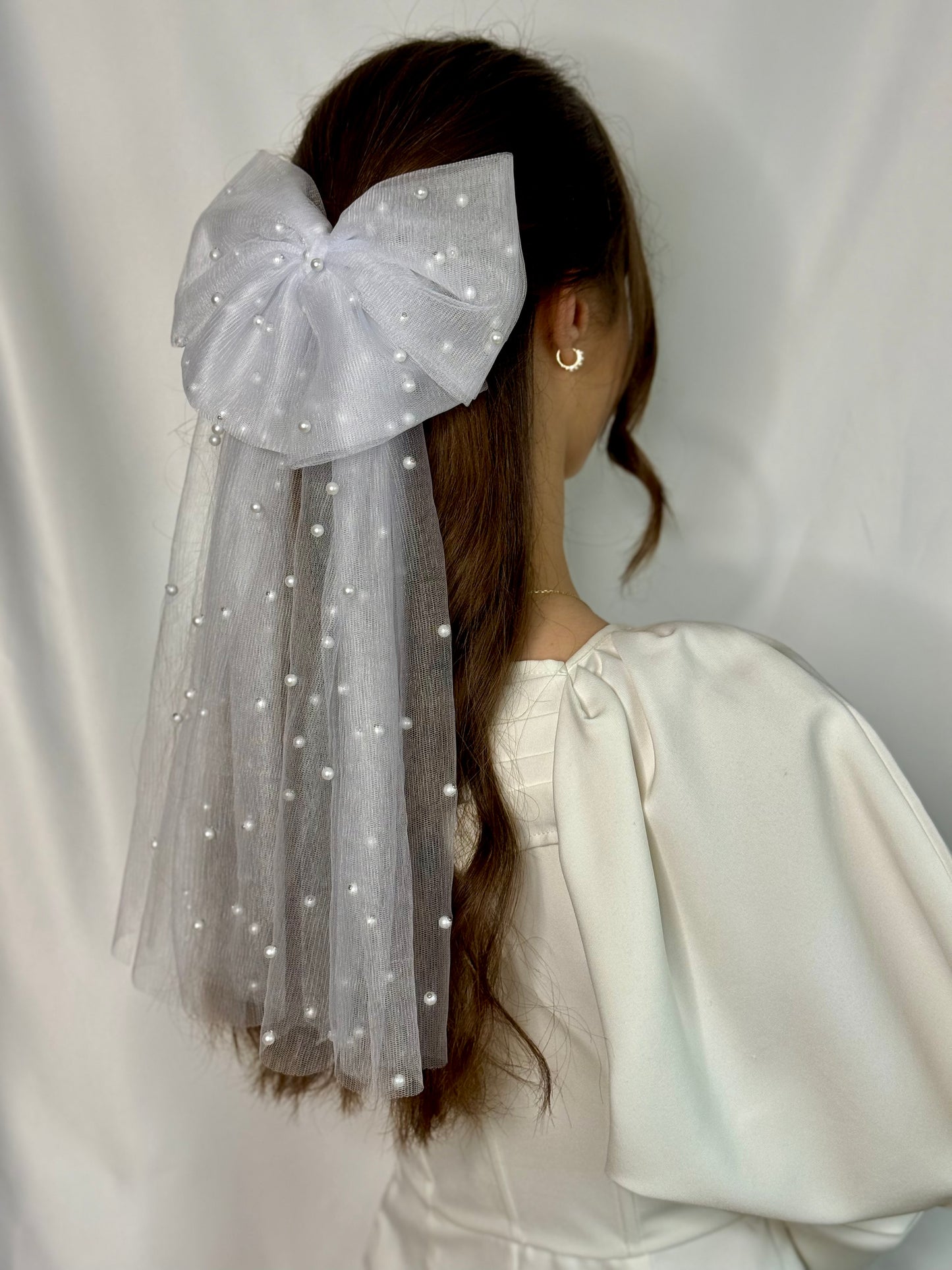 Bridal Double Hair Bow White Tulle Pearl Handmade