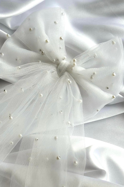 Bridal Double Hair Bow White Tulle Pearl Handmade