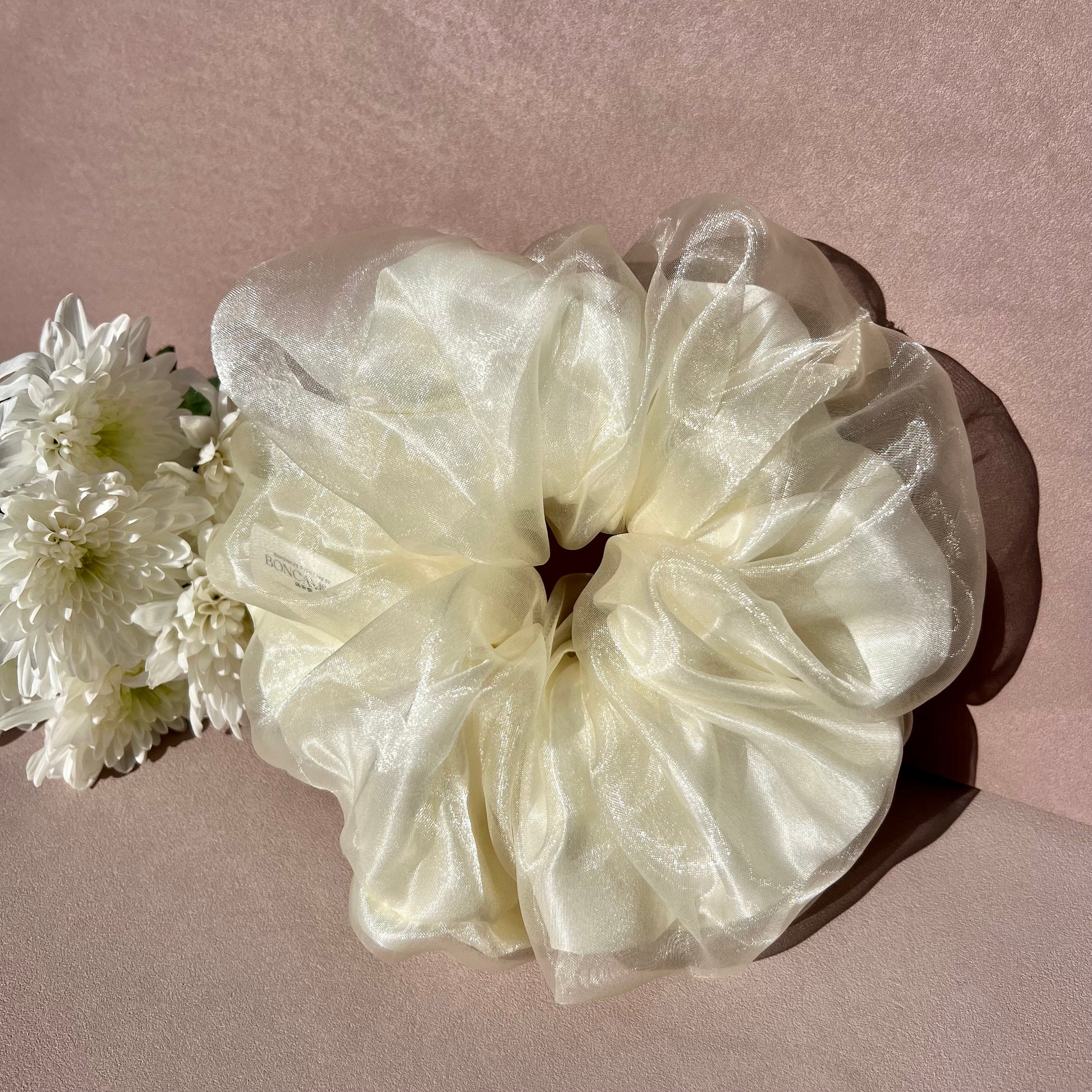 Exclusive Double Layer Oversized Duchess Satin & Organza Hair Scrunchie Handmade-Luxury Fashion Accessories-Hair Accessories-Scrunchies-Boncamila-Cream