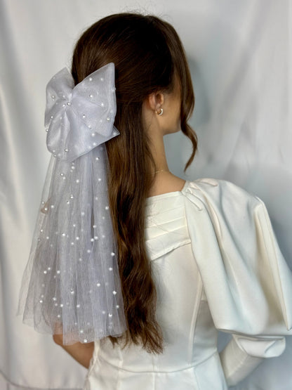 Bridal Double Hair Bow White Tulle Pearl Handmade