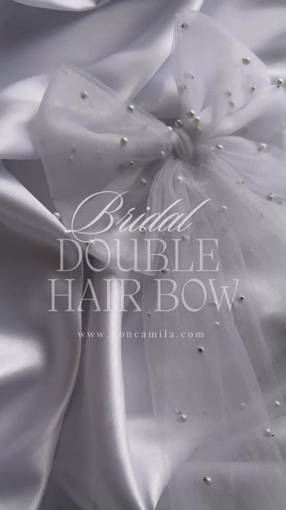 Bridal Double Hair Bow White Tulle Pearl Handmade